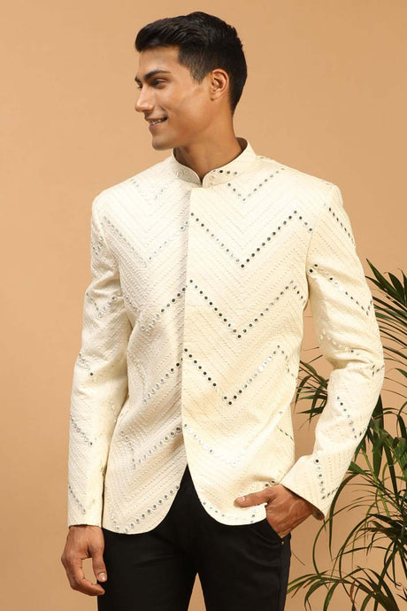 Buy Men's Cream Viscose Mirror Work Embroidered Jodhpuri Jacket Online - Back
