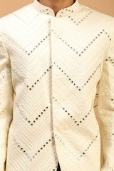 Buy Men's Cream Viscose Mirror Work Embroidered Jodhpuri Jacket Online - Side