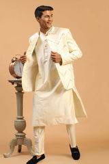 Buy Men's Cream Viscose Mirror Work Embroidered Kurta Pajama Jacket Set Online