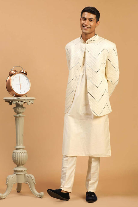 Buy Men's Cream Viscose Mirror Work Embroidered Kurta Pajama Jacket Set Online - Back