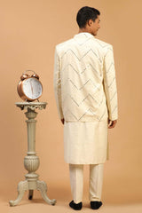 Buy Men's Cream Viscose Mirror Work Embroidered Kurta Pajama Jacket Set Online - Front