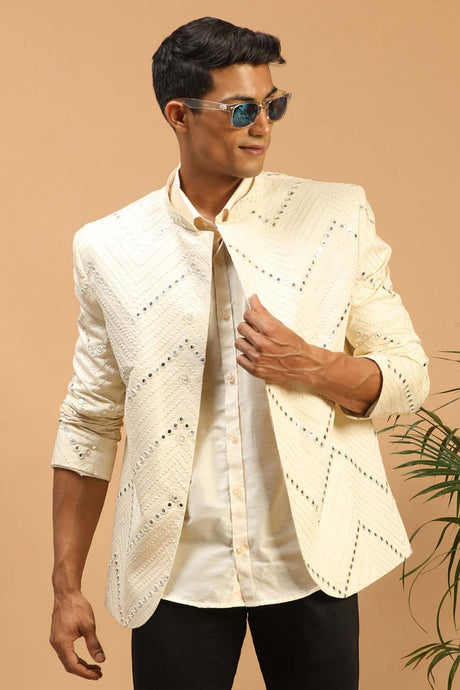 Buy Men's Cream Viscose Mirror Work Embroidered Shirt Jacket Set Online