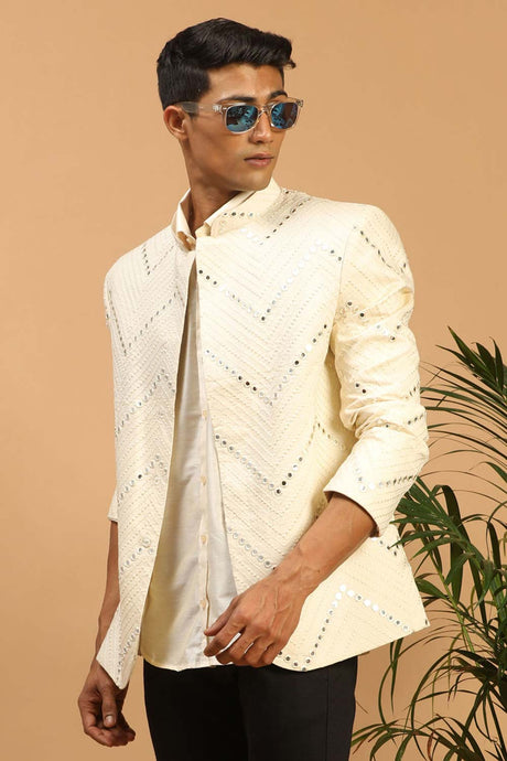 Buy Men's Cream Viscose Mirror Work Embroidered Shirt Jacket Set Online - Back