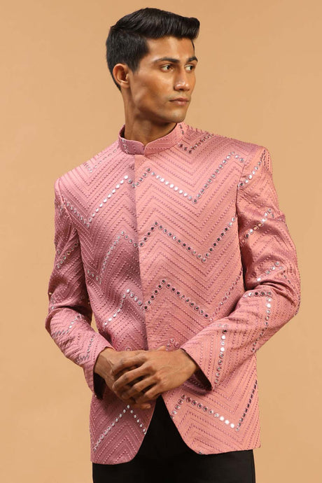 Buy Men's Onion Pink Viscose Mirror Work Embroidered Jodhpuri Jacket Online