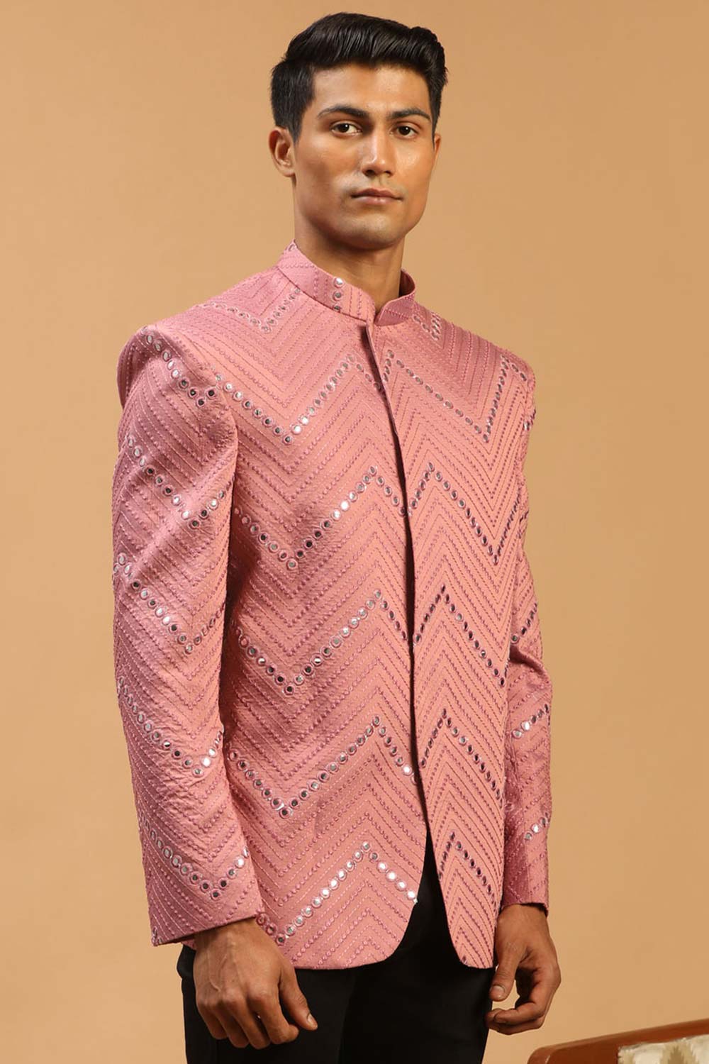 Buy Men's Onion Pink Viscose Mirror Work Embroidered Jodhpuri Jacket Online - Back