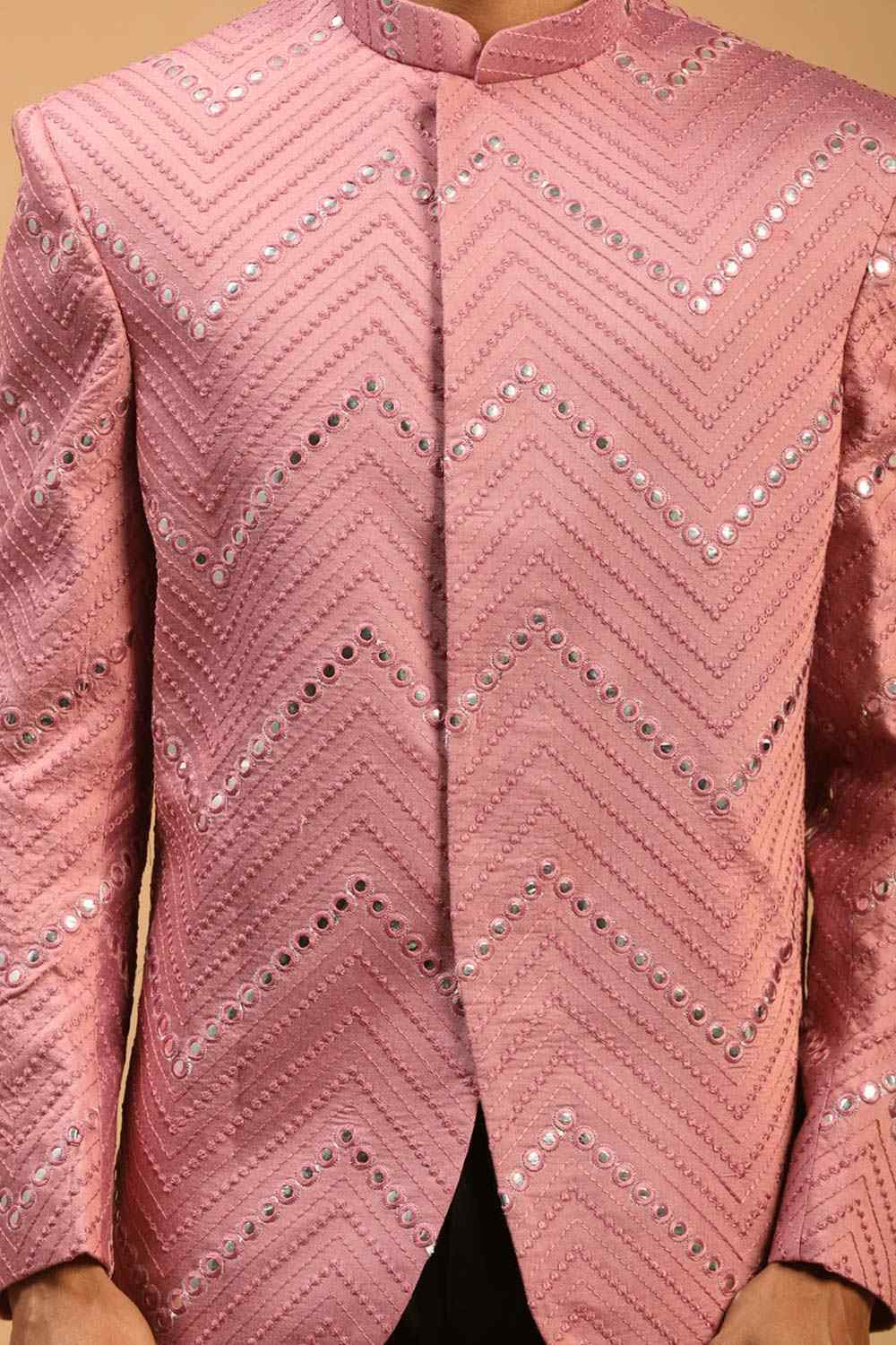 Buy Men's Onion Pink Viscose Mirror Work Embroidered Jodhpuri Jacket Online - Side