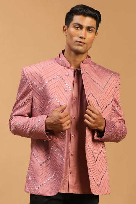 Buy Men's Onion Pink Viscose Mirror Work Embroidered Shirt Jacket Set Online