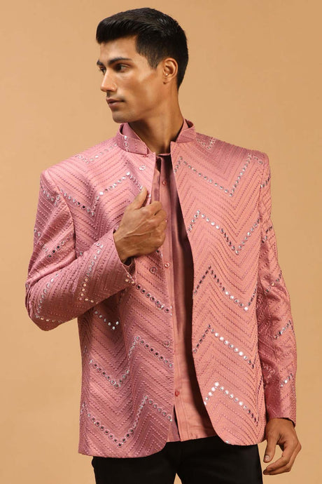 Buy Men's Onion Pink Viscose Mirror Work Embroidered Shirt Jacket Set Online - Back