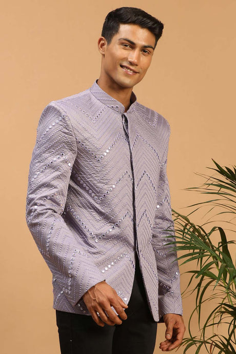 Buy Men's Purple Viscose Mirror Work Embroidered Jodhpuri Jacket Online - Back