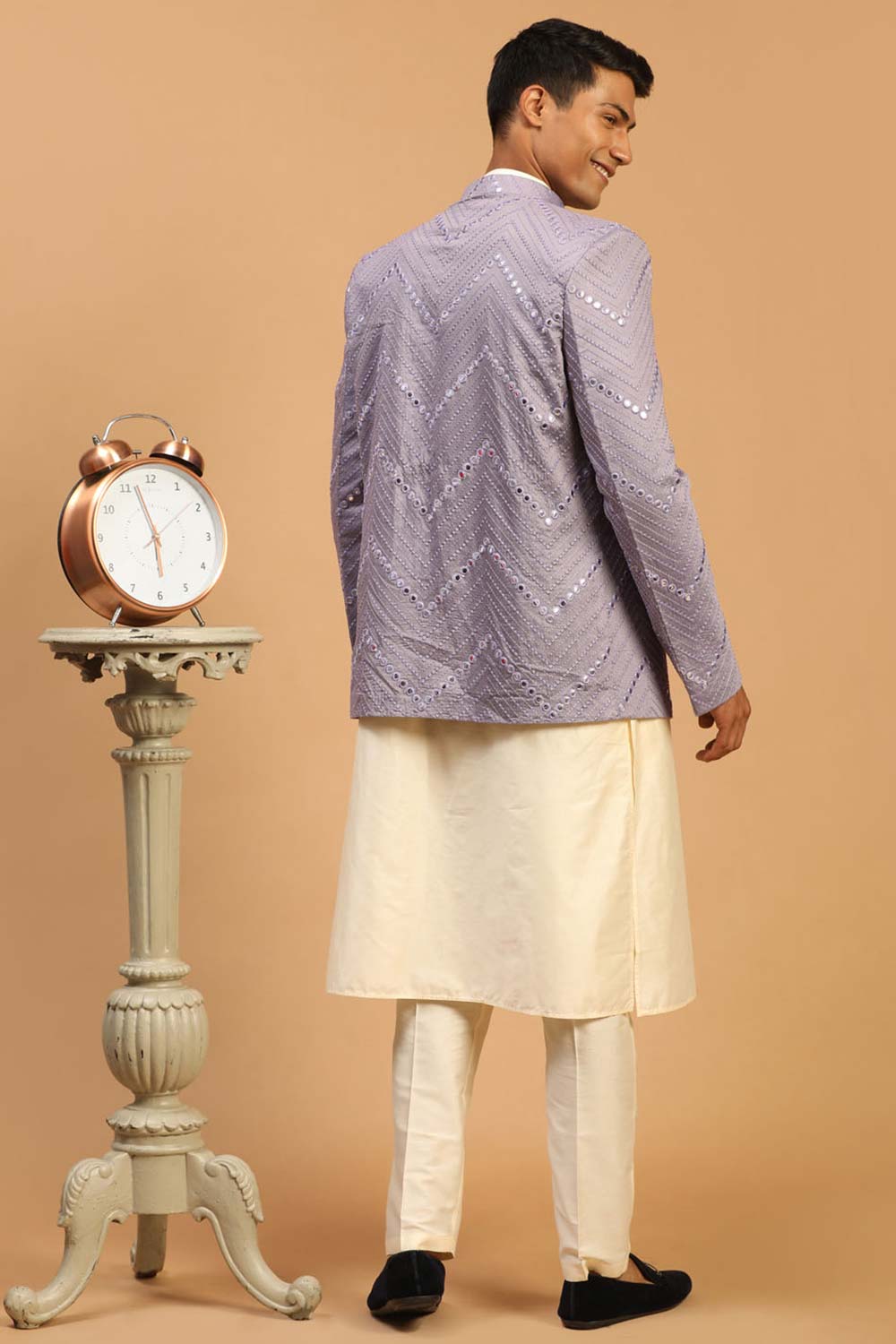 Buy Men's Cream Viscose Mirror Work Embroidered Kurta Pajama Jacket Set Online - Front