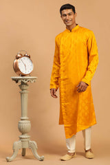 Buy Men's Yellow And Cream Viscose Blend Jacquard Weave  Kurta Pajama Jacket Set Online