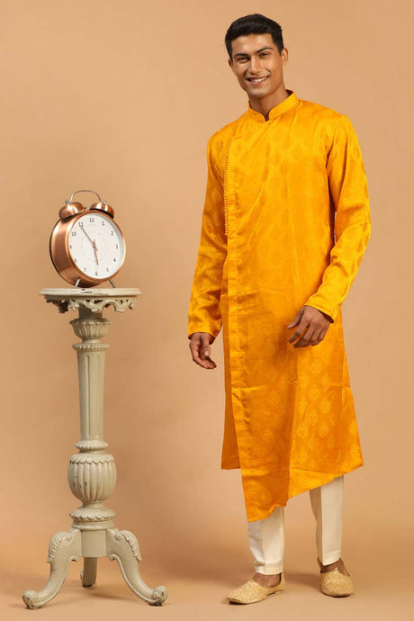 Buy Men's Yellow And Cream Viscose Blend Jacquard Weave  Kurta Pajama Jacket Set Online