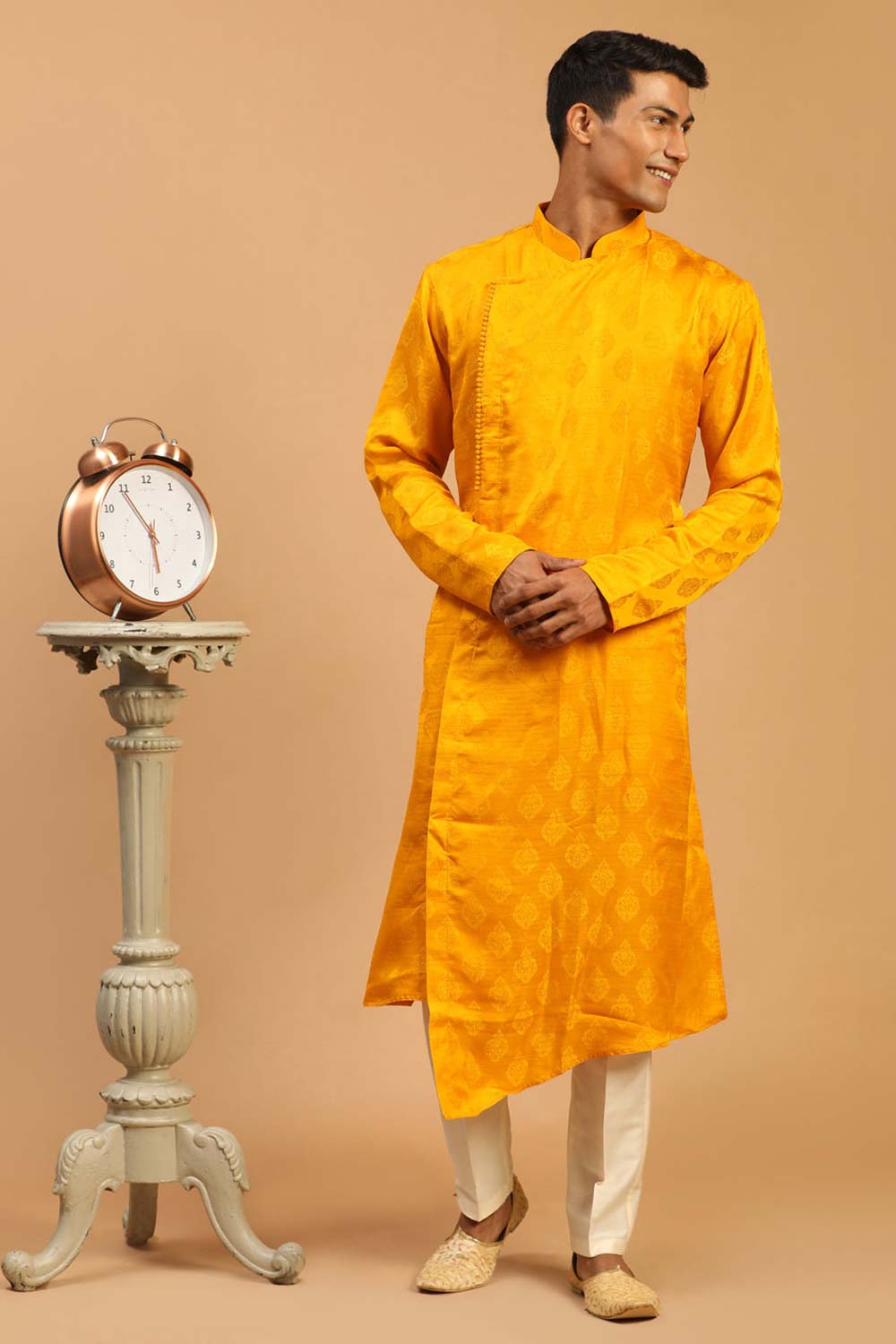 Buy Men's Yellow And Cream Viscose Blend Jacquard Weave  Kurta Pajama Jacket Set Online - Back