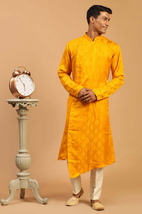 Buy Men's Yellow And Cream Viscose Blend Jacquard Weave  Kurta Pajama Jacket Set Online - Back