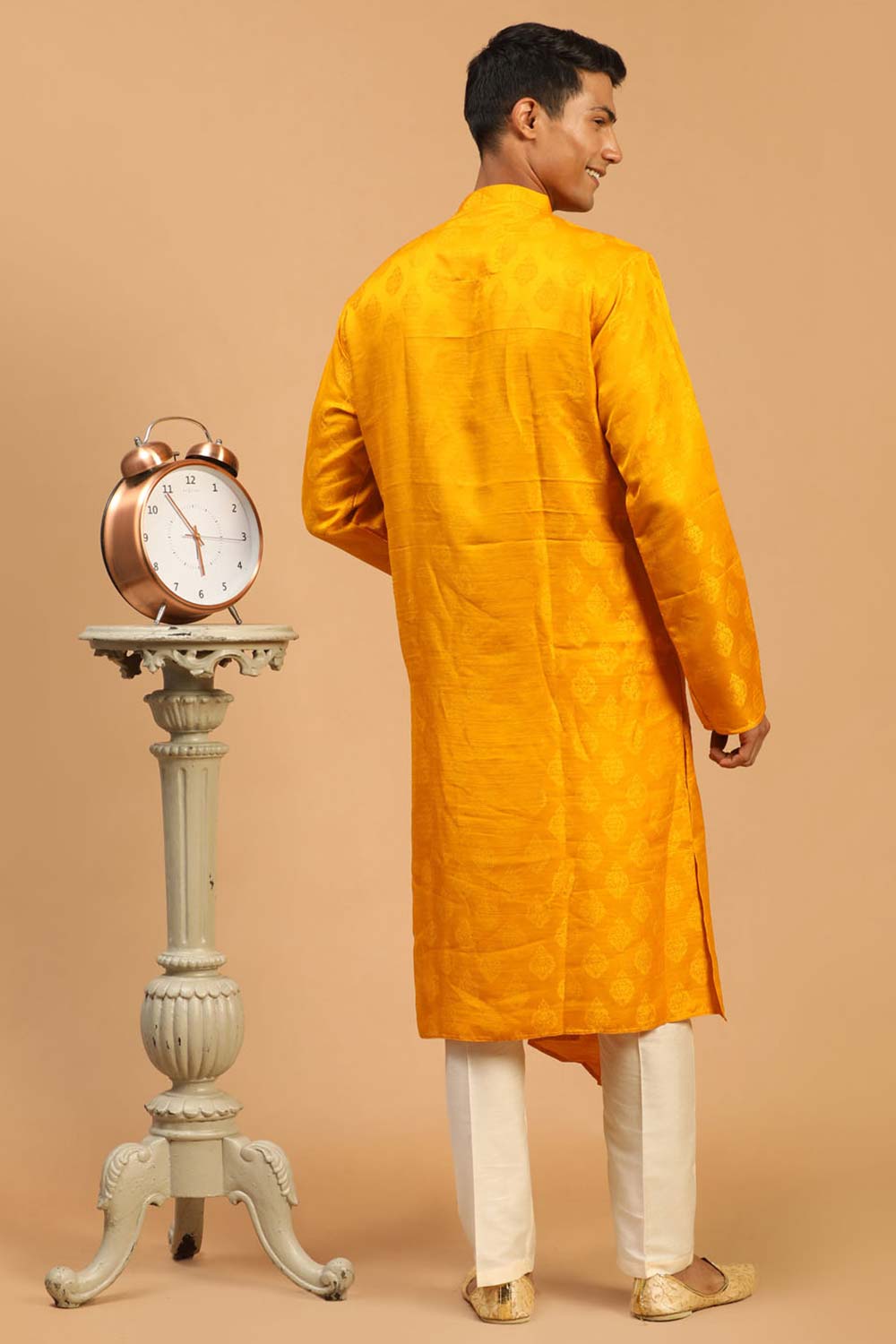 Buy Men's Yellow And Cream Viscose Blend Jacquard Weave  Kurta Pajama Jacket Set Online - Front