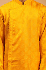 Buy Men's Yellow And Cream Viscose Blend Jacquard Weave  Kurta Pajama Jacket Set Online - Side