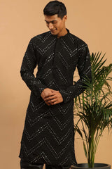 Buy Men's Black Georgette Mirror Work Embroidered Long Kurta Online