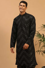 Buy Men's Black Georgette Mirror Work Embroidered Long Kurta Online - Back