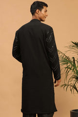 Buy Men's Black Georgette Mirror Work Embroidered Long Kurta Online - Front