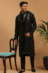 Buy Men's Black Georgette Mirror Work Embroidered Kurta Pajama Set with Dupatta Online