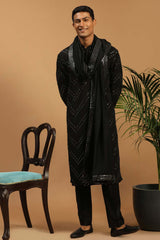 Buy Men's Black Georgette Mirror Work Embroidered Kurta Pajama Set with Dupatta Online - Back