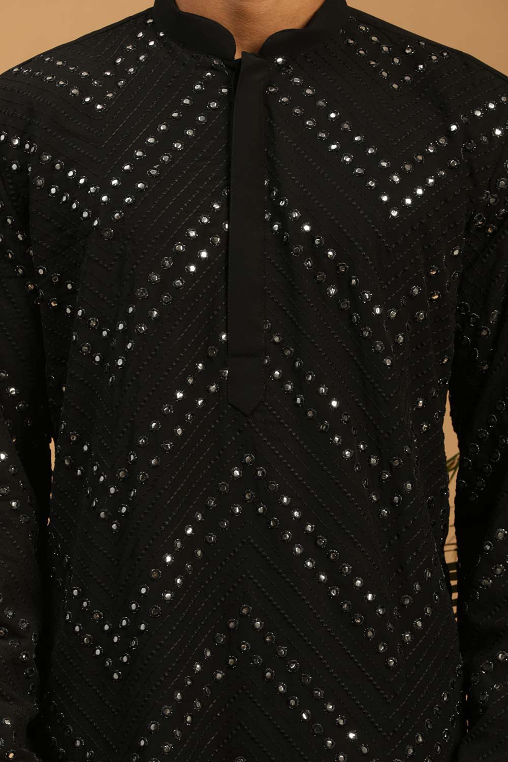 Buy Men's Black Georgette Mirror Work Embroidered Kurta Pajama Set with Dupatta Online - Side