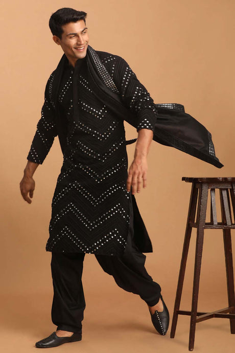 Men's Black Georgette Kurta and Patiala Set