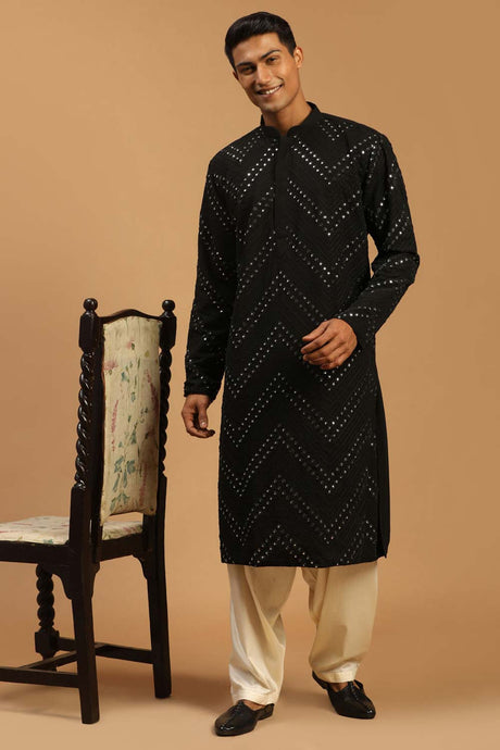 Buy Men's Black And Cream Georgette Mirror Work Embroidered Pathani Set Online