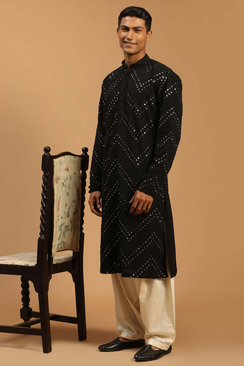 Buy Men's Black And Cream Georgette Mirror Work Embroidered Pathani Set Online - Back