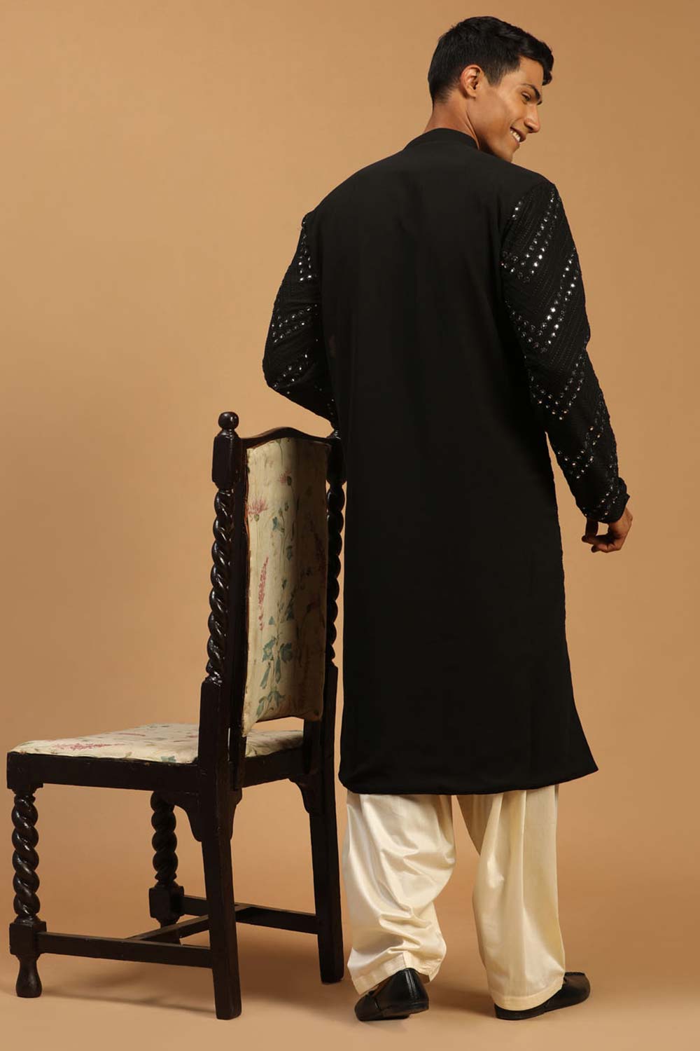 Buy Men's Black And Cream Georgette Mirror Work Embroidered Pathani Set Online - Front