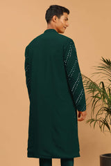 Buy Men's Green Georgette Mirror Work Embroidered Long Kurta Online - Front