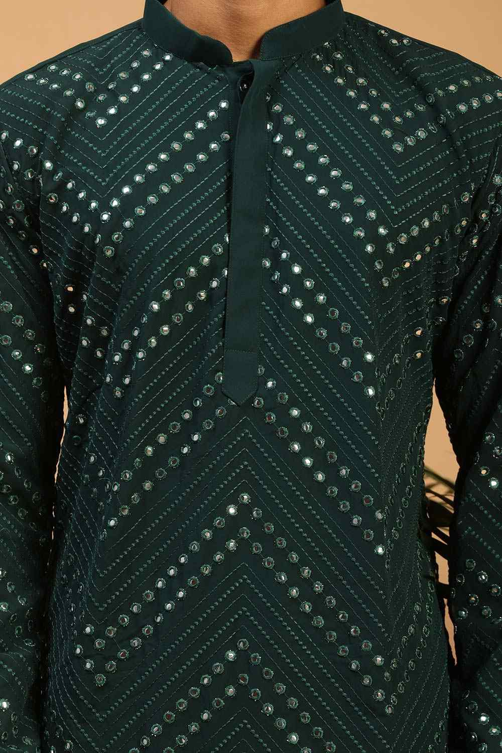 Buy Men's Green Georgette Mirror Work Embroidered Long Kurta Online - Side