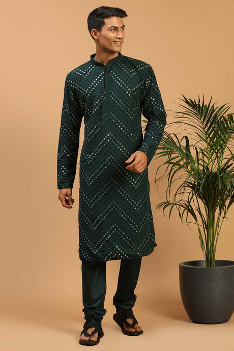 Buy Men's Green Georgette Mirror Work Embroidered Kurta Pajama Jacket Set Online