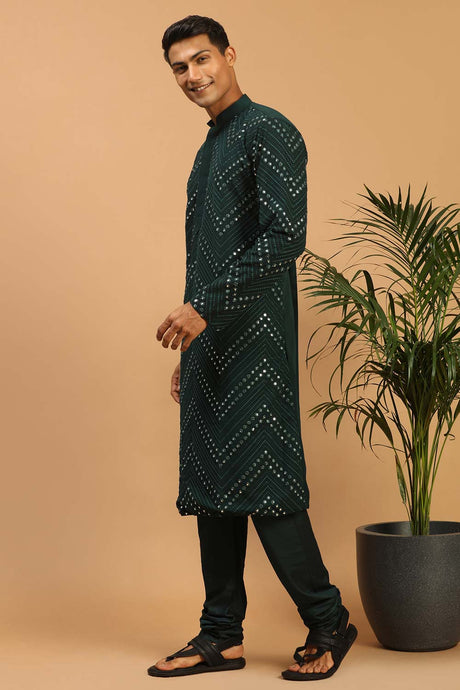 Buy Men's Green Georgette Mirror Work Embroidered Kurta Pajama Jacket Set Online - Back