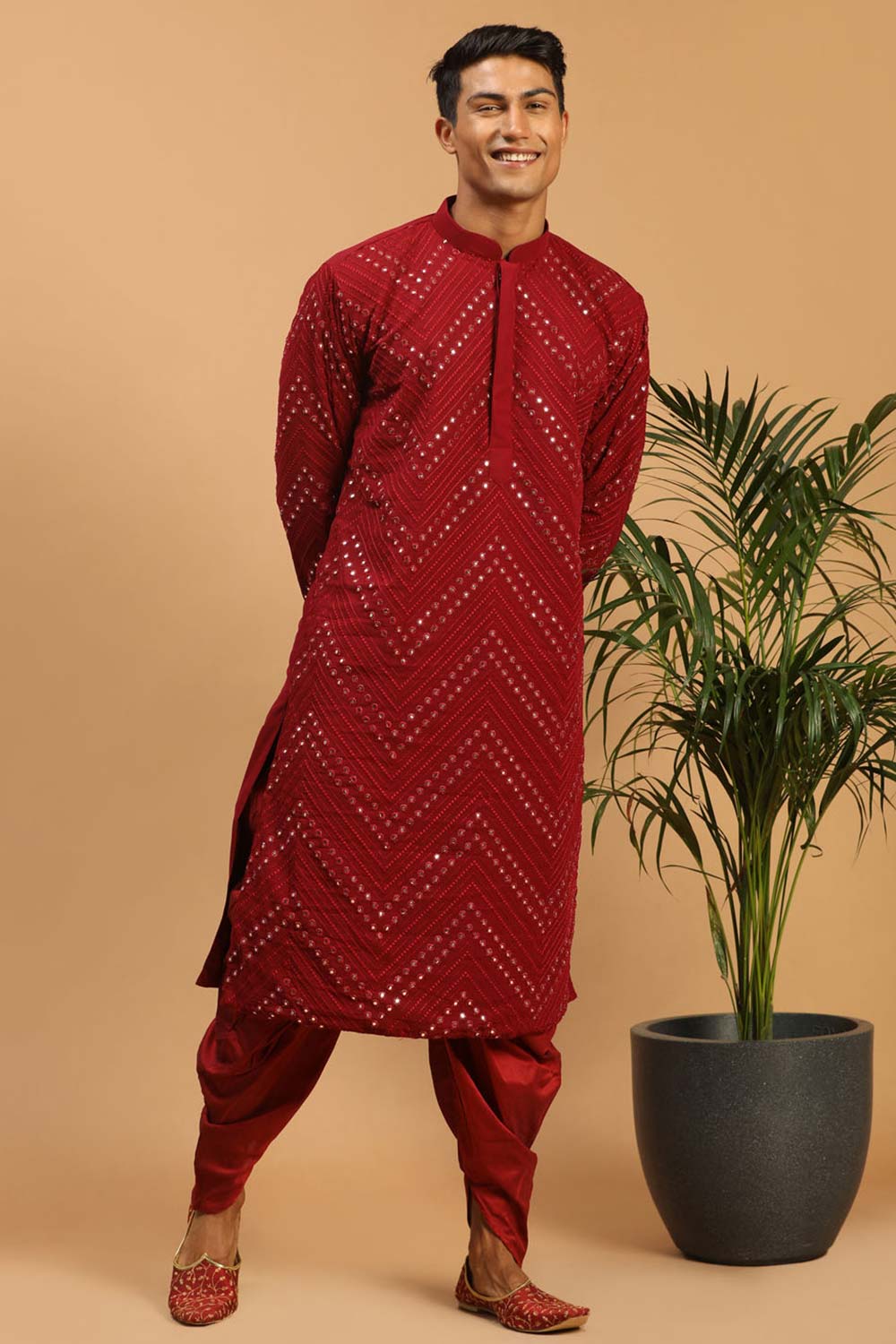 Buy Men's Maroon Georgette Mirror Work Embroidered Kurta Dhoti Online