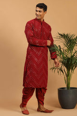 Buy Men's Maroon Georgette Mirror Work Embroidered Kurta Dhoti Online - Back