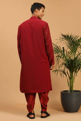 Buy Men's Maroon Georgette Mirror Work Embroidered Kurta Dhoti Online - Front