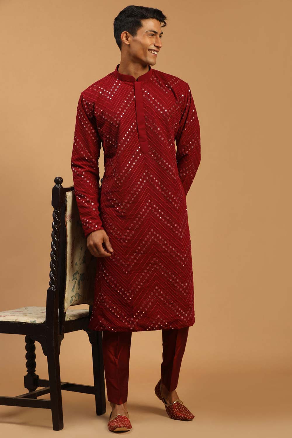 Buy Men's Maroon Georgette Mirror Work Embroidered Kurta Pajama Jacket Set Online