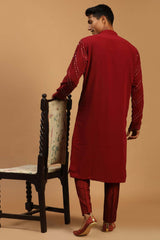 Buy Men's Maroon Georgette Mirror Work Embroidered Kurta Pajama Jacket Set Online - Front