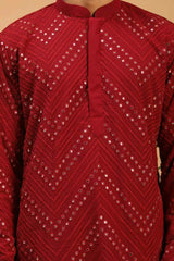 Buy Men's Maroon Georgette Mirror Work Embroidered Kurta Pajama Jacket Set Online - Side