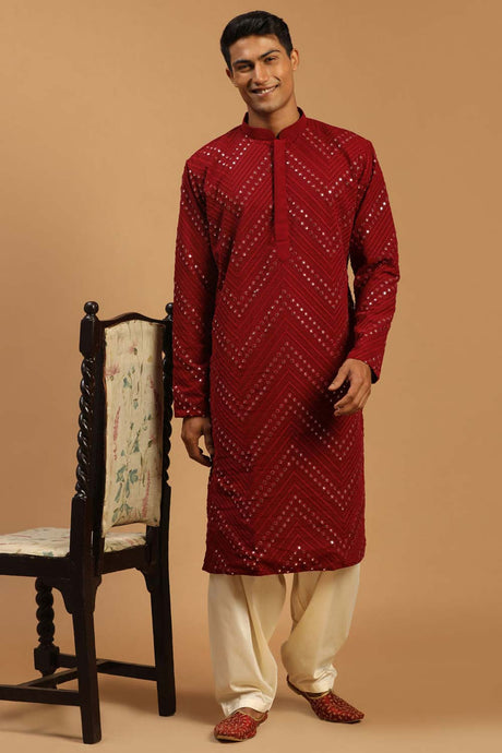Buy Men's Maroon And Cream Georgette Mirror Work Embroidered Pathani Set Online