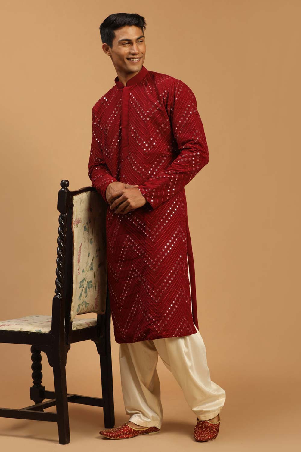 Buy Men's Maroon And Cream Georgette Mirror Work Embroidered Pathani Set Online - Back