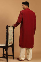 Buy Men's Maroon And Cream Georgette Mirror Work Embroidered Pathani Set Online - Front