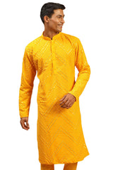 Buy Men's Yellow Georgette Mirror Work Embroidered Long Kurta Online - Zoom Out