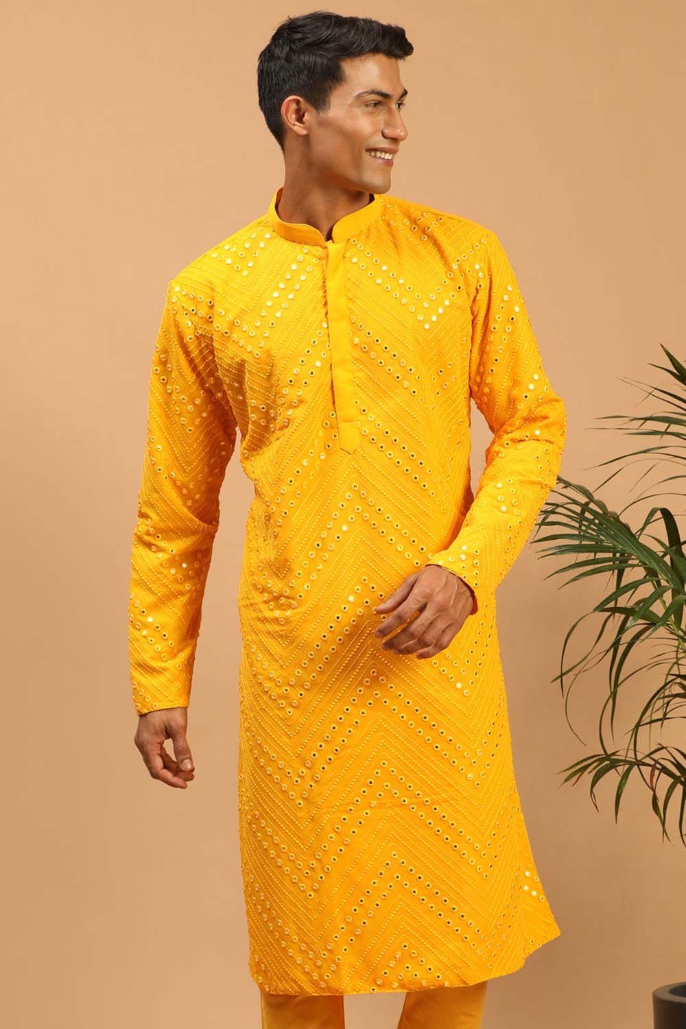 Buy Men's Yellow Georgette Mirror Work Embroidered Long Kurta Online