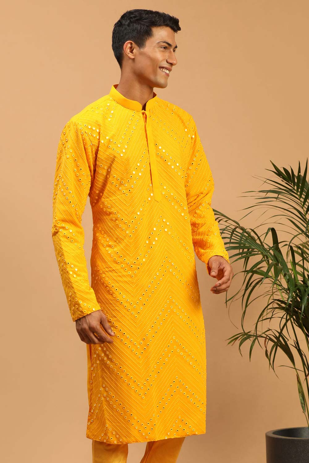 Buy Men's Yellow Georgette Mirror Work Embroidered Long Kurta Online - Back