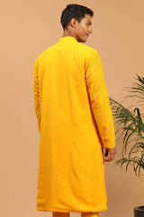 Buy Men's Yellow Georgette Mirror Work Embroidered Long Kurta Online - Front