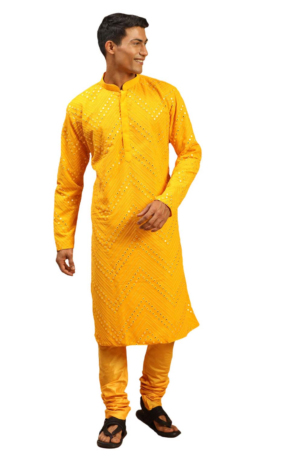 Buy Men's Yellow Georgette Mirror Work Embroidered Kurta Pajama Jacket Set Online - Zoom Out