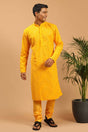 Buy Men's Yellow Georgette Mirror Work Embroidered Kurta Pajama Jacket Set Online