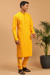 Buy Men's Yellow Georgette Mirror Work Embroidered Kurta Pajama Jacket Set Online - Back